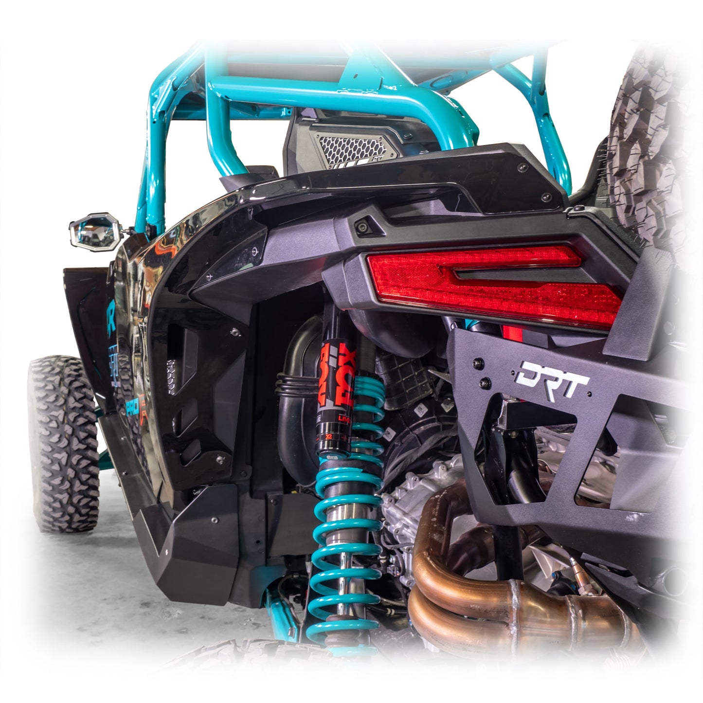 Rear view of RZR Pro XP with DRT fender kit and mud protection